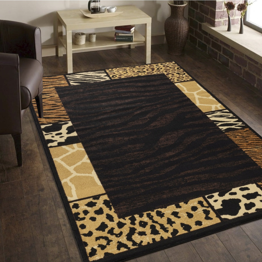 black animal print area rug in modern living room