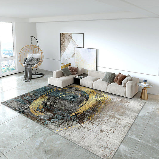 Modern Japanese minimalist area rug with abstract grey and gold design
