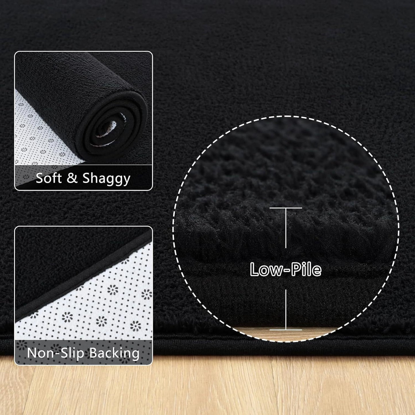Close up of soft washable black area rug surface